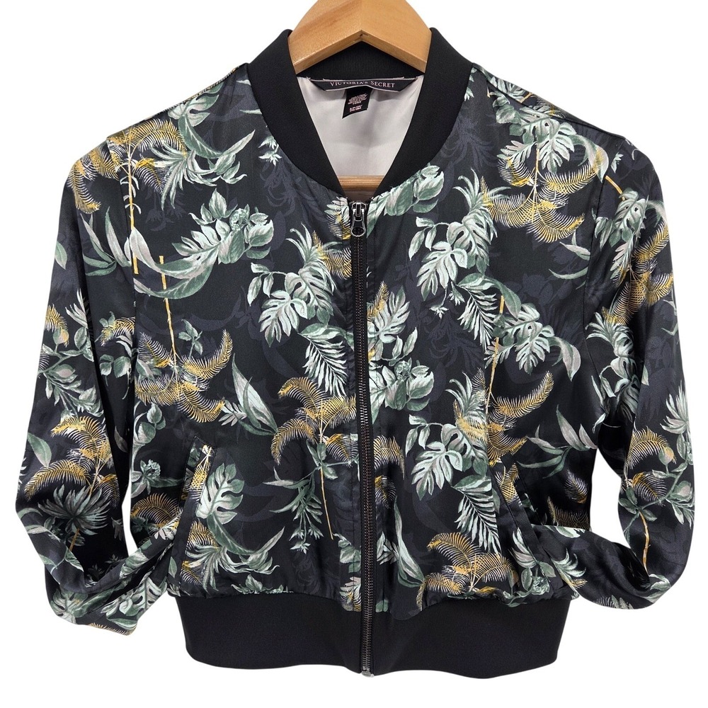 Victoria's Secret Black Luxe Palm Satin‎ Feel Bomber Black Cropped Jacket S
